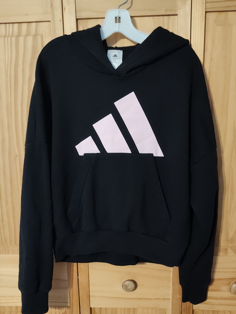 adidas Girls Black Hooded Sweatshirt with Light Pink Logo, XL